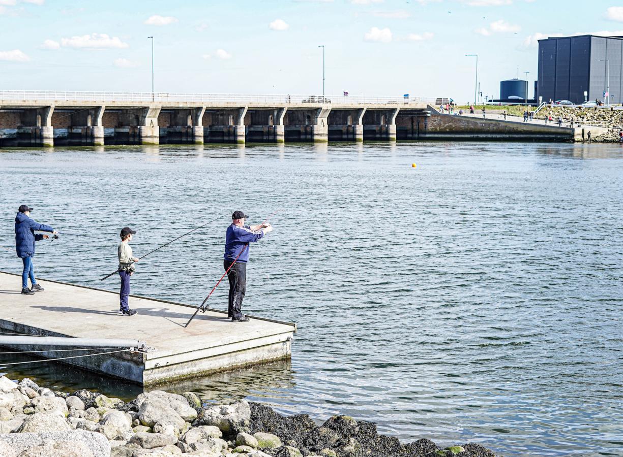 Fiskere ved slusen fisker efter fisk 