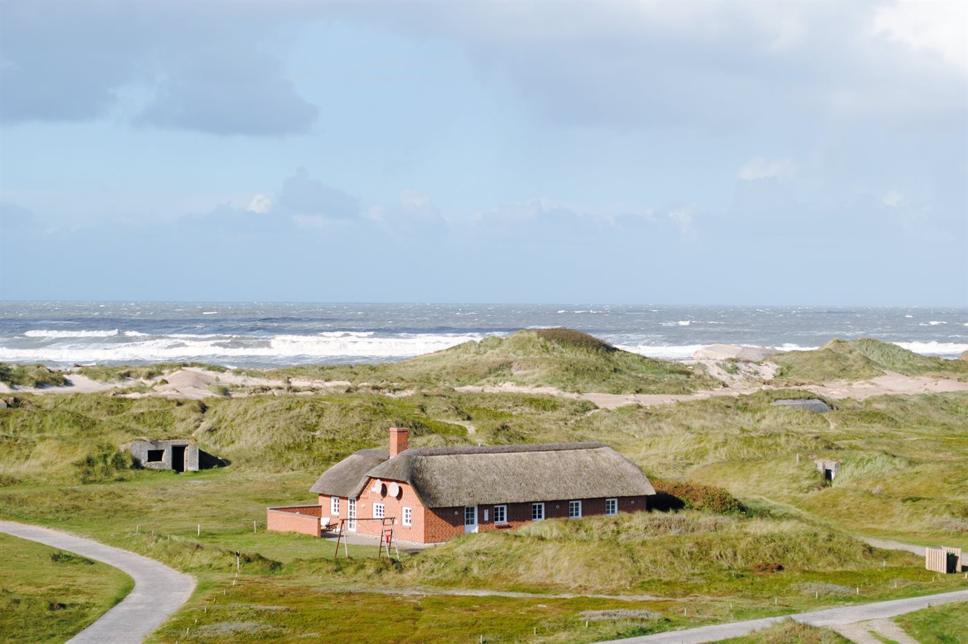 Luftfoto af feriehus i Houvig ved Vesterhavet